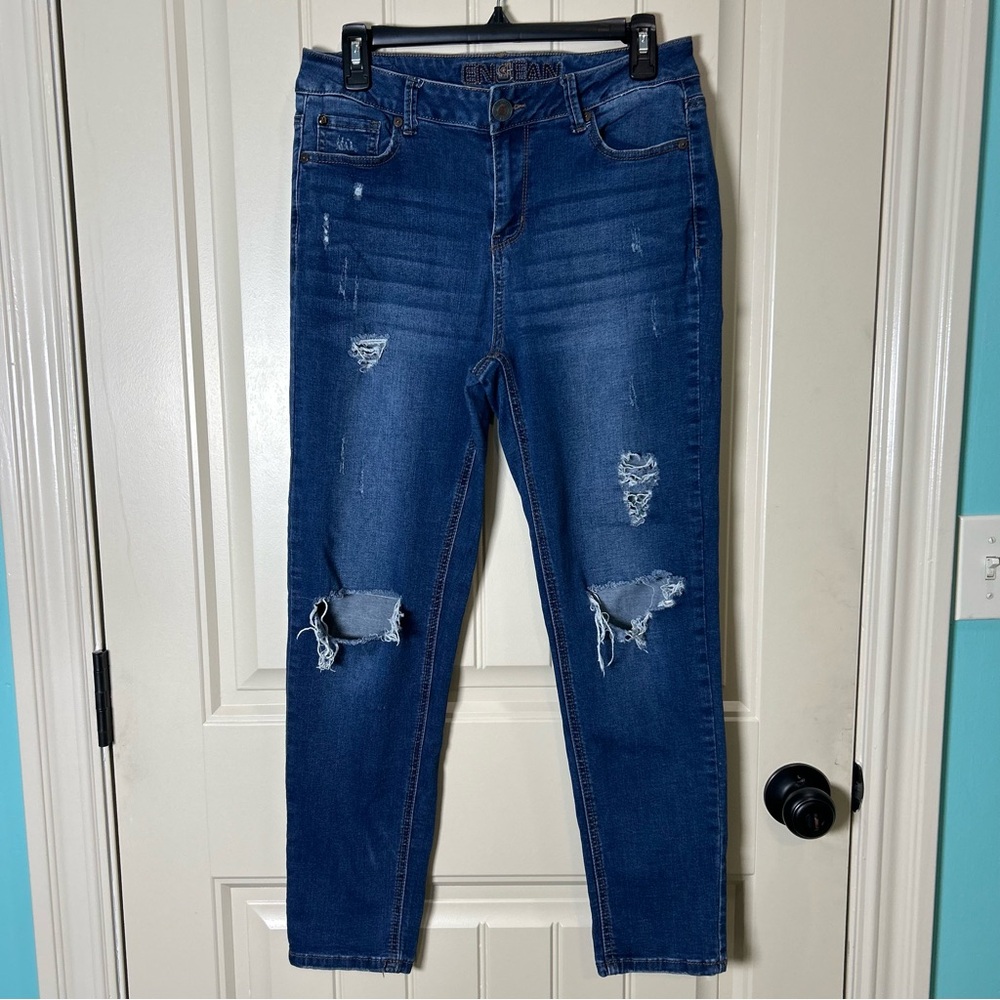 EnJean Women’s Skinny Jeans,Dark Blue Distressed, Stone Wash size 9